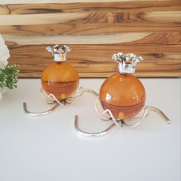 2 Vintage Lucite Round Ball Candle Stick Holders - Amber / Orange Colour - Picture 3 of 9